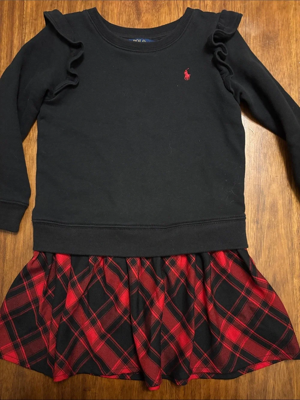 Ralph Lauren Black Sweatshirt dress with Red Plaid Skirt - kids Small